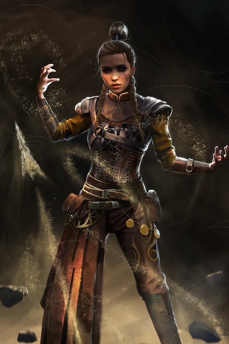 Painted portrait of Ara the Geomancer, a young woman in leather armour with sand and pebbles swirling around her raised hands.
