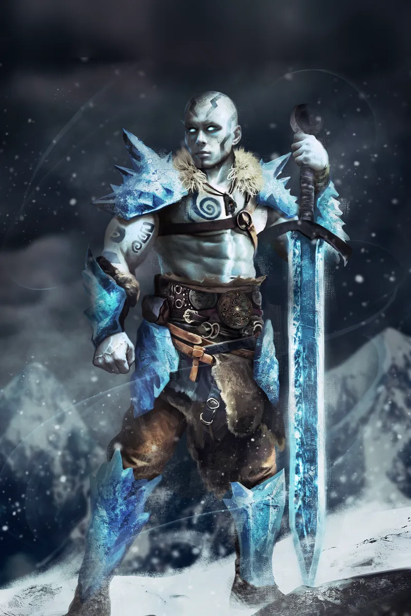Painted portrait of Frazzah the Cryomancer Knight, a pale warrior in jagged ice armour leaning on a frozen sword, with snowy mountains behind him.