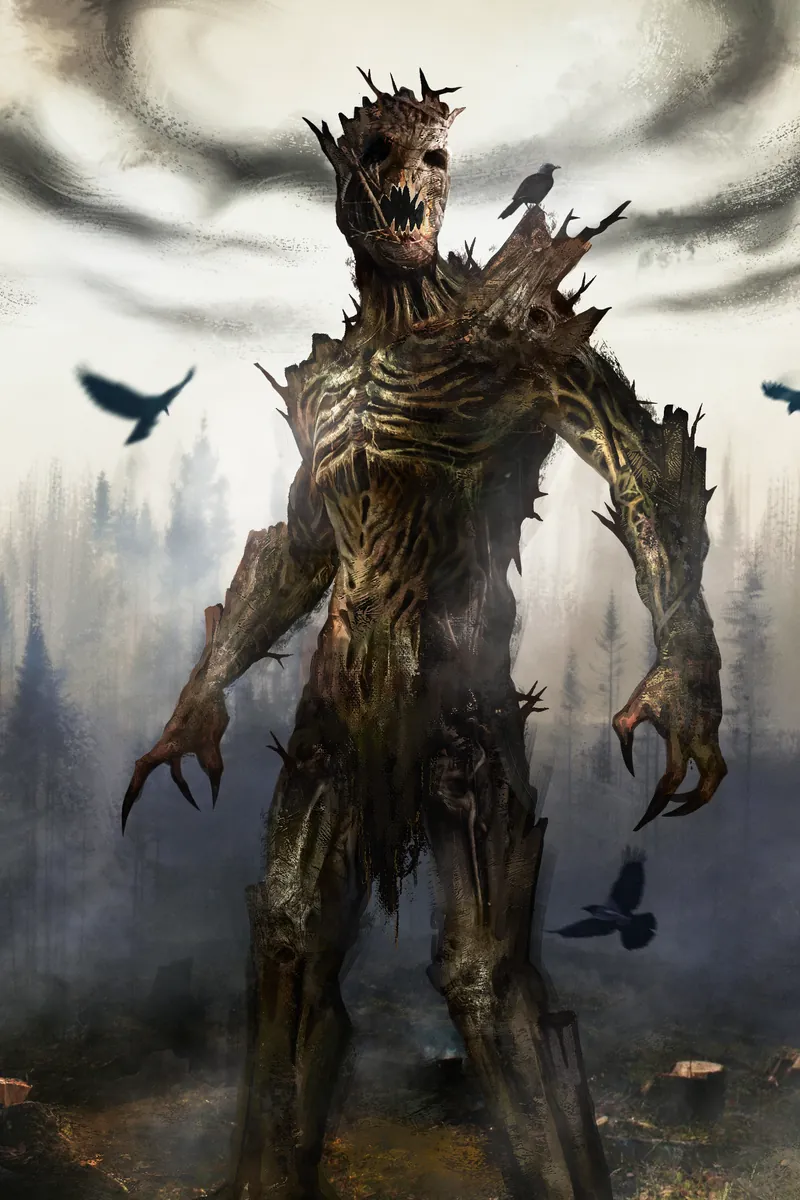 Painted portrait of Morrathil, the Wrath of the Forest, a towering creature of twisted wood in a misty forest, with crows circling him.
