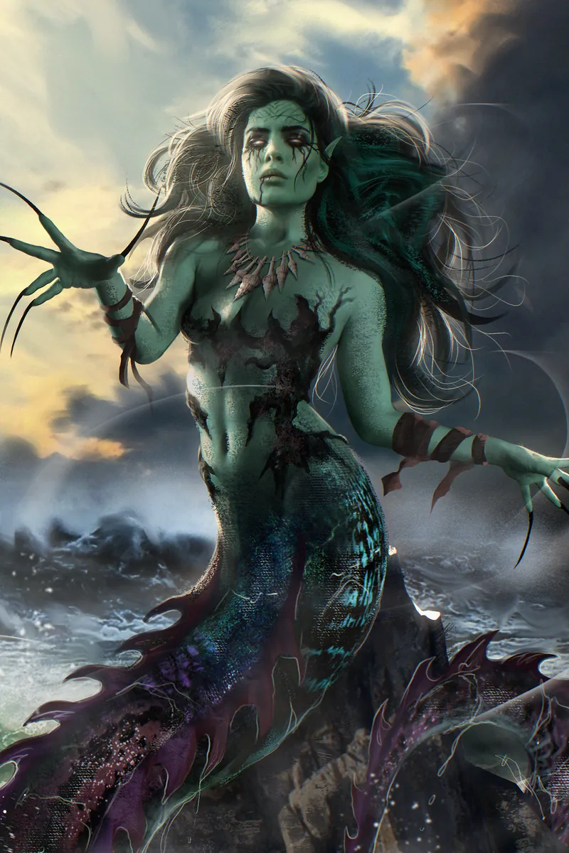 Painted portrait of Synn, the Leviathan's Daughter, a sea witch with green skin and a scaled tail, coiled on a rock in a stormy sea.