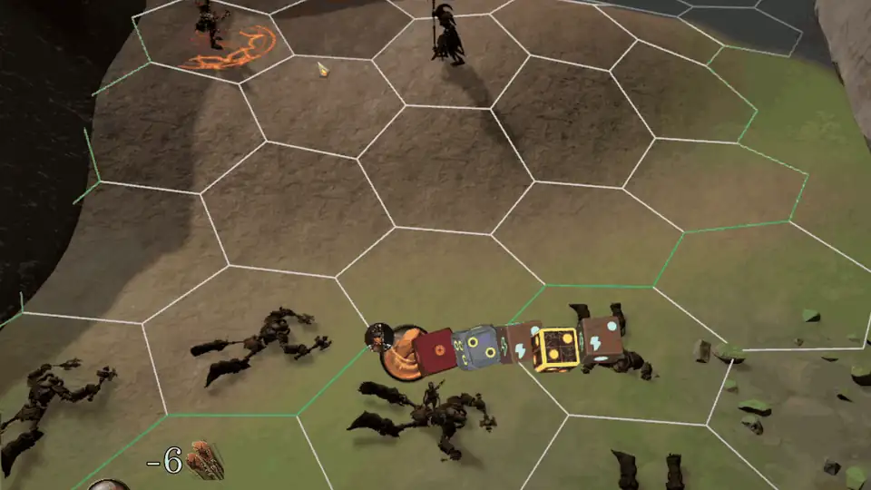 A row of dice above a hex grid. One die lands on a miss, rewinds, and lands again on its highest face.