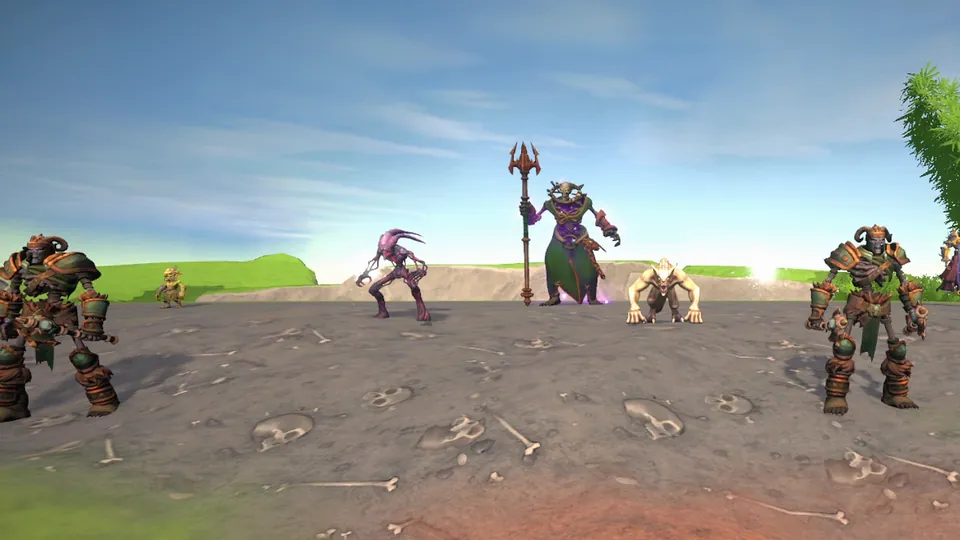 Vexaroth, a huge demon with a trident, stands on a hilltop with his army of armoured brutes and twisted creatures.