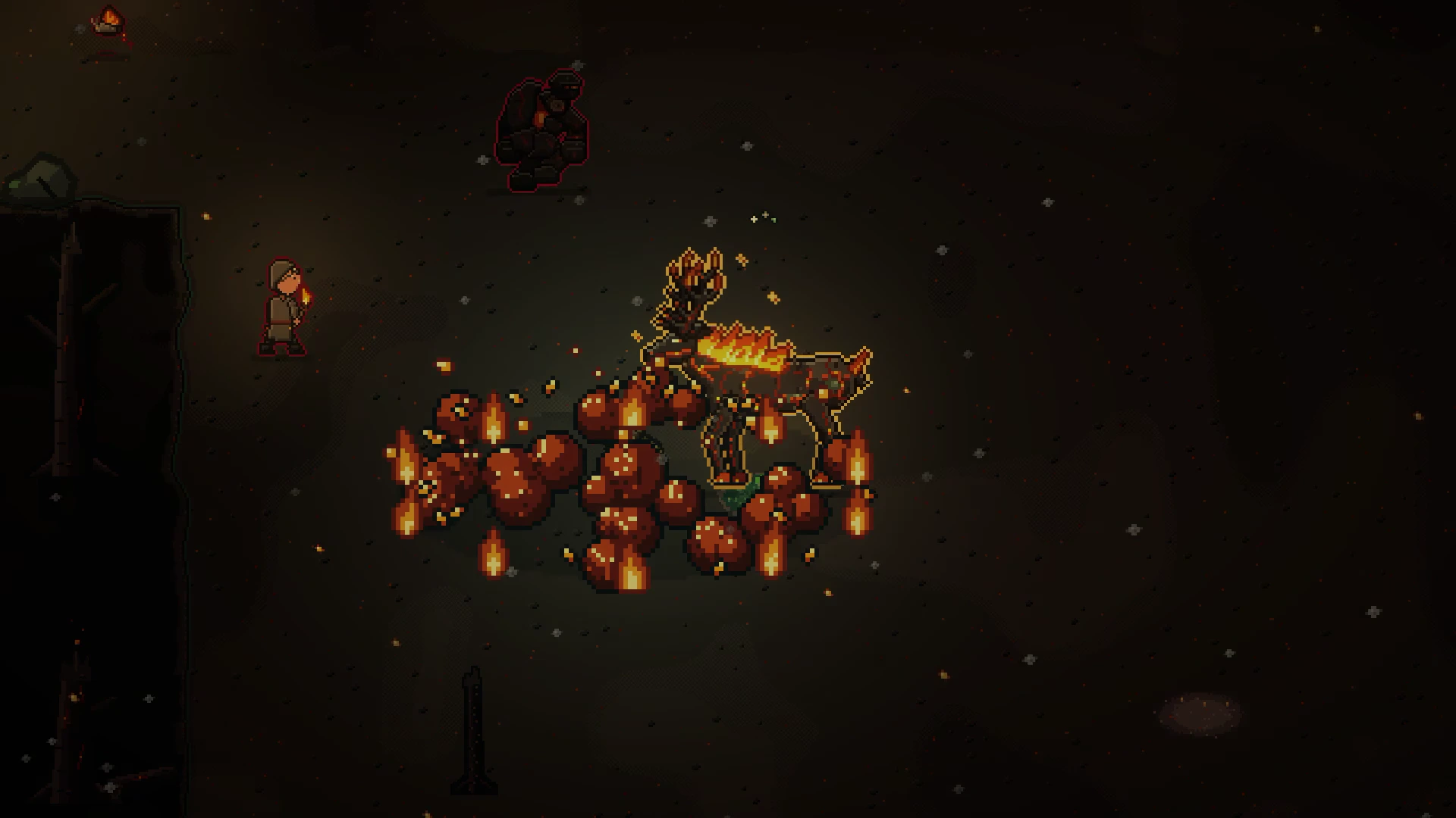 A burst of fireballs and flames erupts around the Ember Stag on dark ash-covered ground.