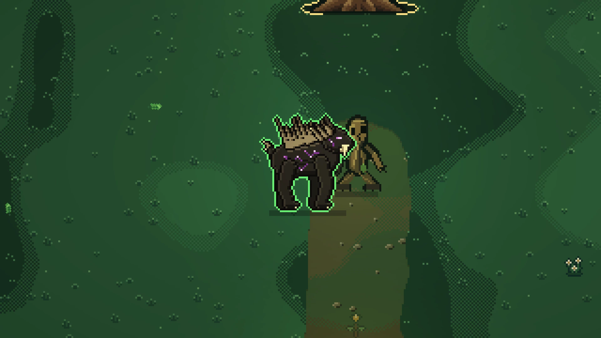 Morrathil stands on a forest path next to a large dark beast with a spiked back, outlined in green to show it is on his side.