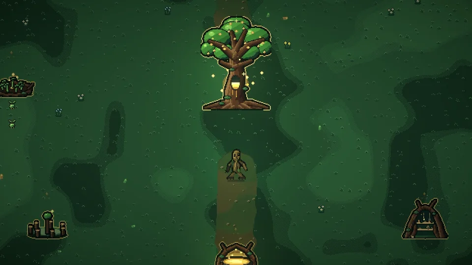 Morrathil, a small tree creature in pixel art, walks a dirt path toward a large glowing tree in a dark green clearing.