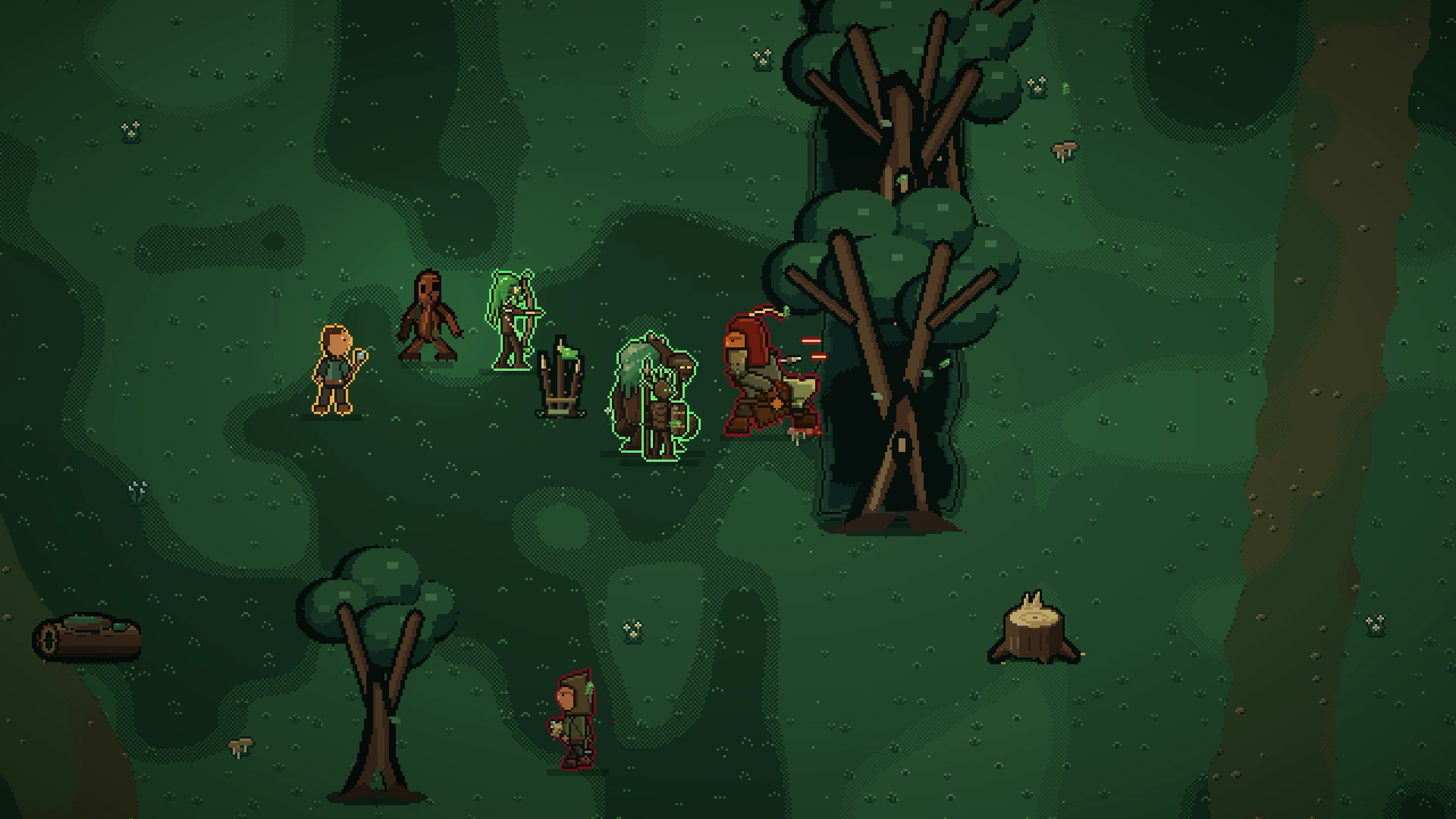 A line of allies outlined in green, including an archer and a mossy brute, holds off a red-outlined raider in a forest beside a huge tree.