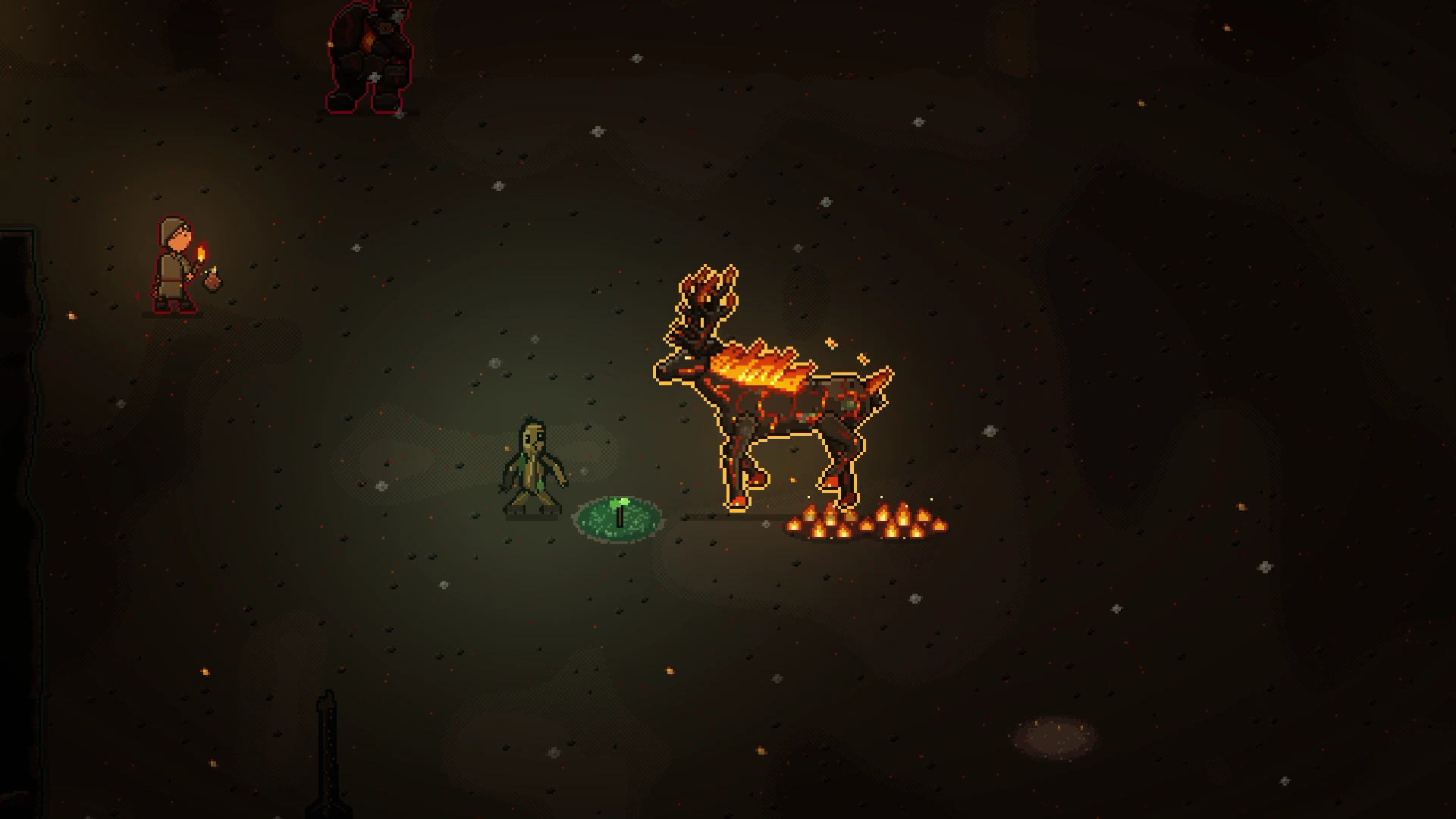 The Ember Stag, its back on fire, stands over small flames on ash-covered ground. Morrathil faces it while a hooded figure with a torch watches from the side.