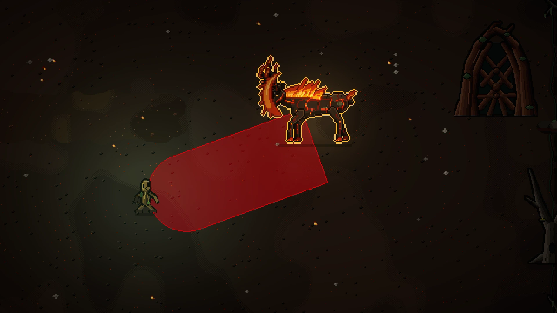 On scorched dark ground, a burning stag faces Morrathil. A red zone stretches from the stag to Morrathil, warning of a charge.